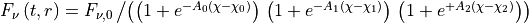 F_\nu\left(t, r\right) =  F_{\nu,0}\left/\left( \left(1 + e^{-A_0 \left( \chi - \chi_0\right)}\right) \,\left( 1 + e^{ -A_1 \left(\chi - \chi_1\right)}\right)\, \left( 1 + e^{+A_2 \left( \chi - \chi_2\right)}\right)\right)\right.